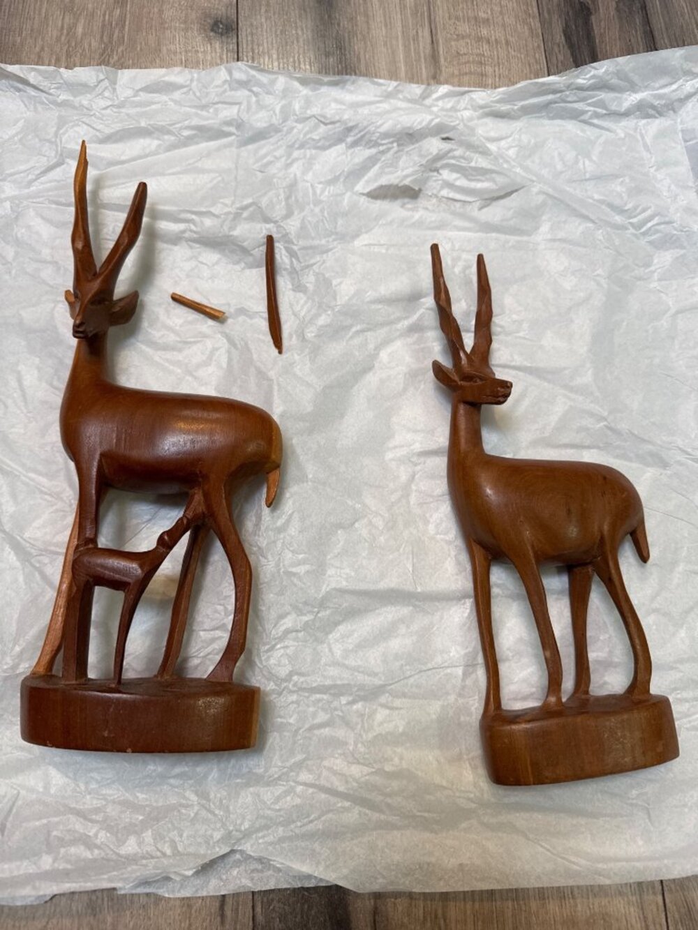Hand-Carved Wooden Antelope Sculpture Pair With Broken Horns - Rustic Home Decor